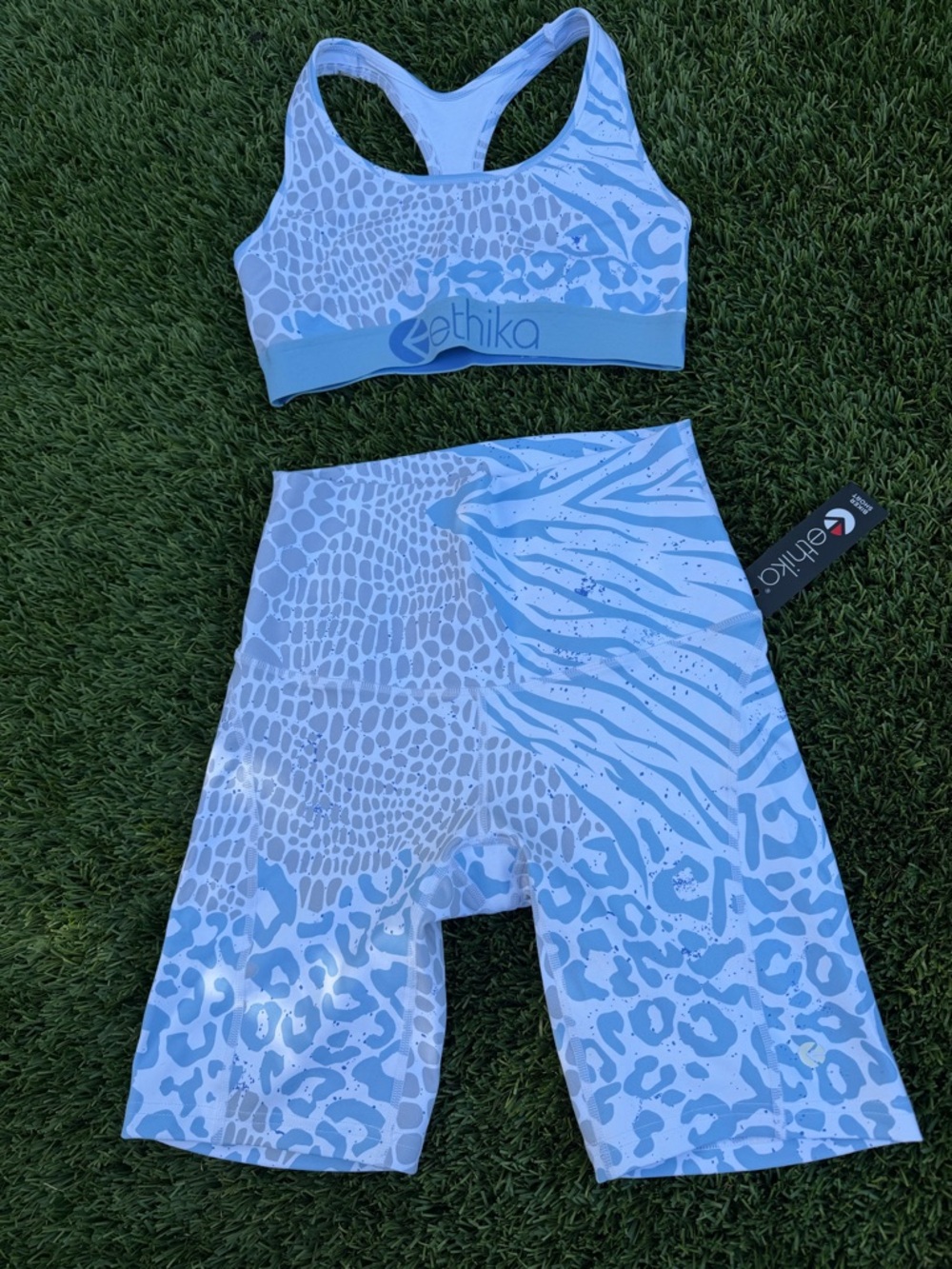 ethika Women’s Light Blue Animal Print Sports Bra and Biker Shorts Set